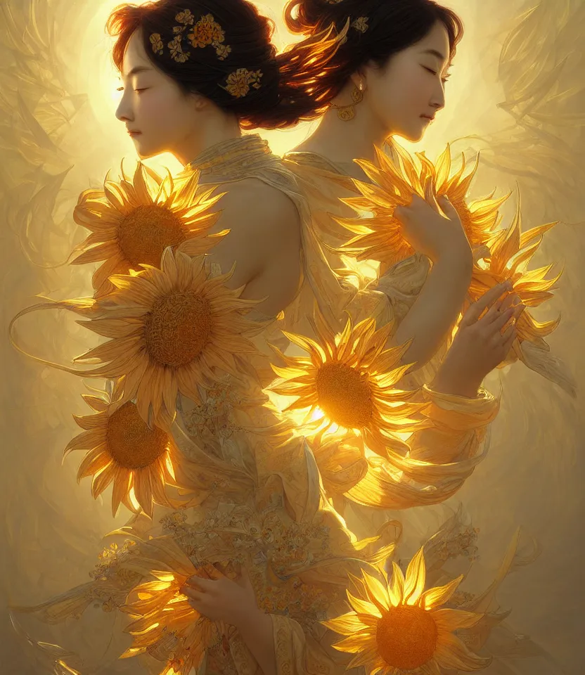 Prompt: sacred sunflowers, chinese goddess, emiting mystical light, intricate, elegant, highly detailed, my rendition, digital painting, artstation, concept art, smooth, sharp focus, radiant light, illustration, art by artgerm and greg rutkowski and alphonse mucha