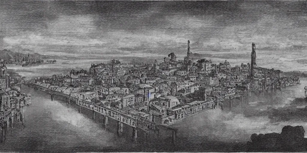 Image similar to Illustration, single long narrow huge ancient city on a narrow sky high bridge, over water, really long, all buildings on bridge