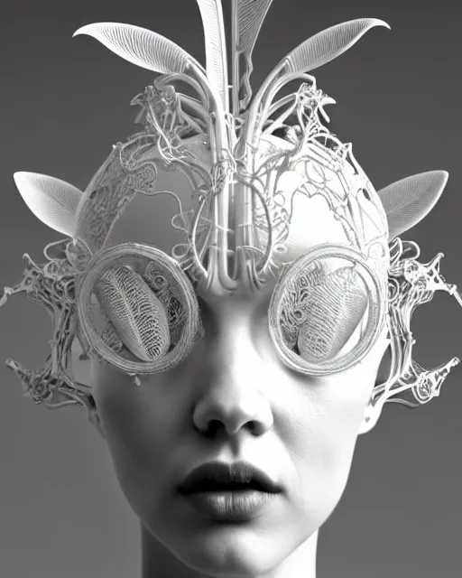 Image similar to bw 3 d render, stunning beautiful young angelic cute biomechanical albino female cyborg with a porcelain profile face, rim light, big leaves and stems, roots, fine foliage lace, alexander mcqueen, art nouveau fashion embroidered, steampunk, silver filigree details, hexagonal mesh wire, mandelbrot fractal, elegant, artstation trending