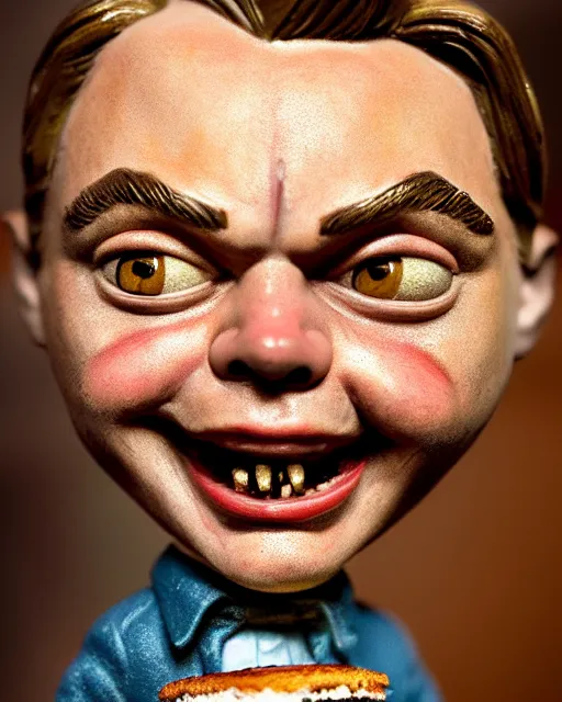 Image similar to highly detailed closeup, face profile portrait of a tin toy leonardo dicaprio as a medieval goblin eating cakes in a castle, hyper realistic, artstation, illustration, nicoletta ceccoli, mark ryden, lostfish, dan decarlo, bob clampett, max fleischer, digital paint, matte paint, vivid colors, detailed and intricate environment