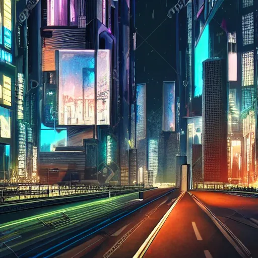 Prompt: a hyperrealistic cyberpunk city at night, extreme wide shot