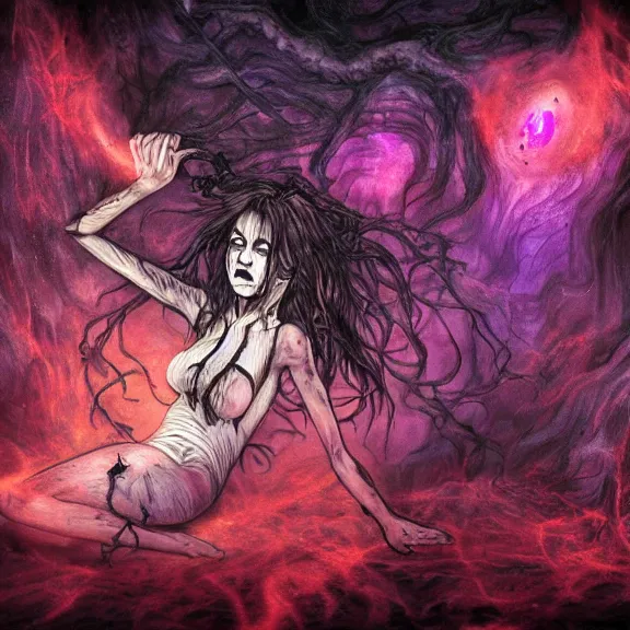 Image similar to insanity girl summon her death, cinematic, horror details, horrorcore, silent decay coloring, vortex portal banish the elders, die and suffer, psychonaut universe, smoke pit nebulas, the scary empty liminal spaces, conjure devils