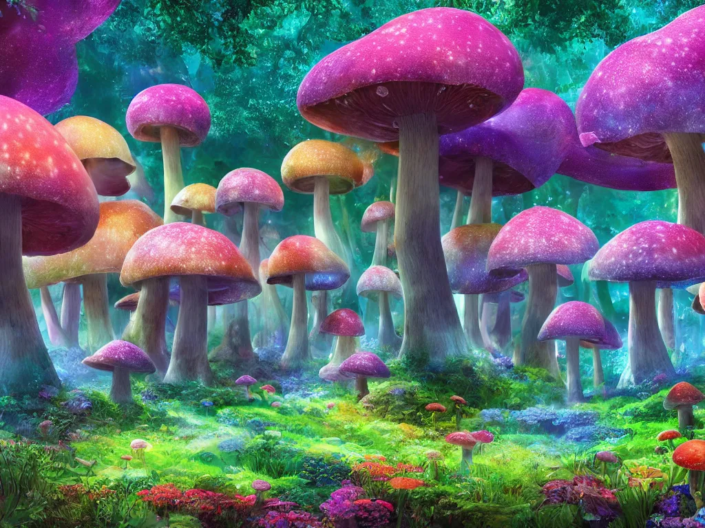 Image similar to a beautiful otherworldly fantasy landscape of giant luminous mushroom trees forming canopies over bright colorful mythical sprouted floral plants and colorful foliage on the ground, like alice in wonderland, extreme detail, studio ghibli and pixar and abzu, rendering, cryengine, deep color, vray render, cinema 4 d, cgsociety, bioluminescent