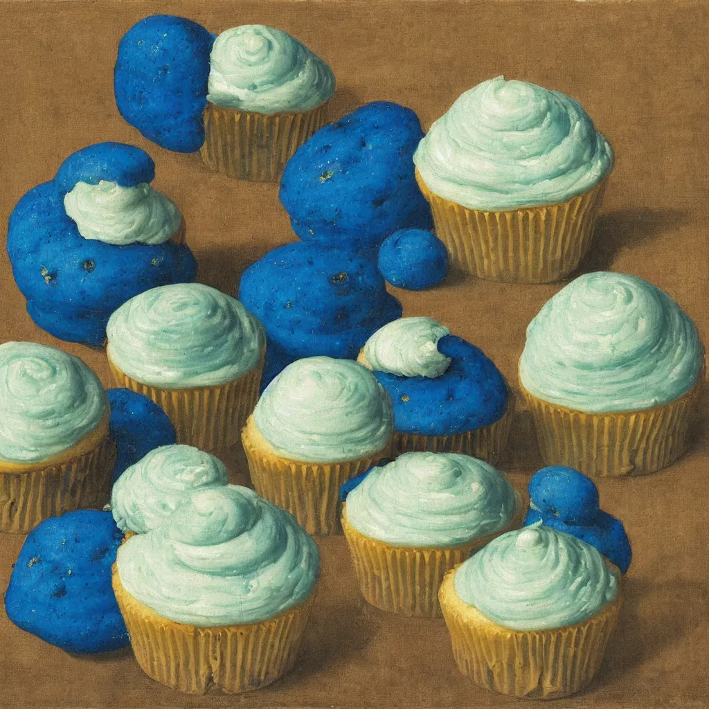 Image similar to portrait of a blueberry cupcake. lapis lazuli, malachite, turqouise, gold. painting by piero della francesca, balthus, agnes pelton