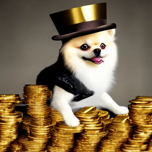 Image similar to A pomeranian wearing a top-hat and a monocle, sitting on top of a large pile of gold coins