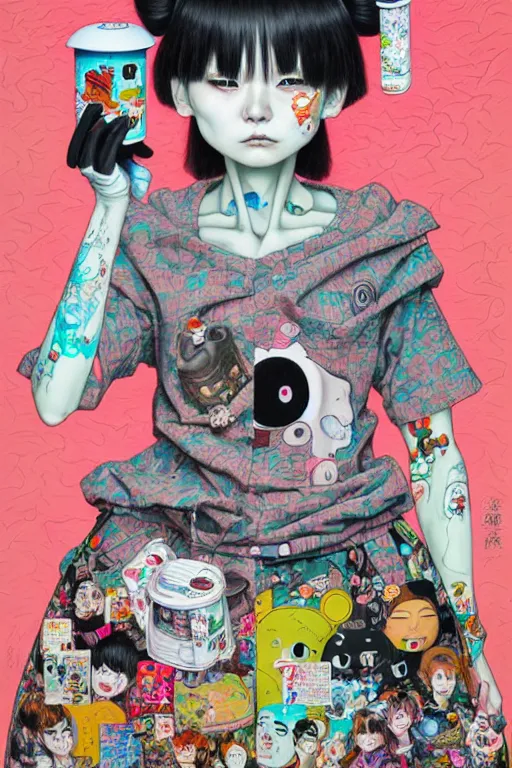 Image similar to full view, from a distance, of anthropomorphic trashcan from japan, style of yoshii chie and hikari shimoda and martine johanna, highly detailed