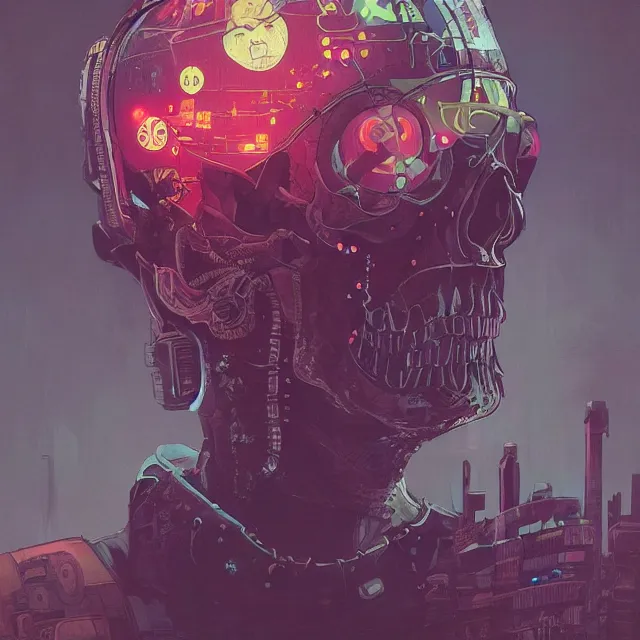 Image similar to a beautiful portrait painting of a ( ( cyberpunk ) ) skull by simon stalenhag and pascal blanche! and alphonse mucha! and nekro. in style of digital art. colorful comic, film noir, symmetry, hyper detailed. octane render. trending on artstation