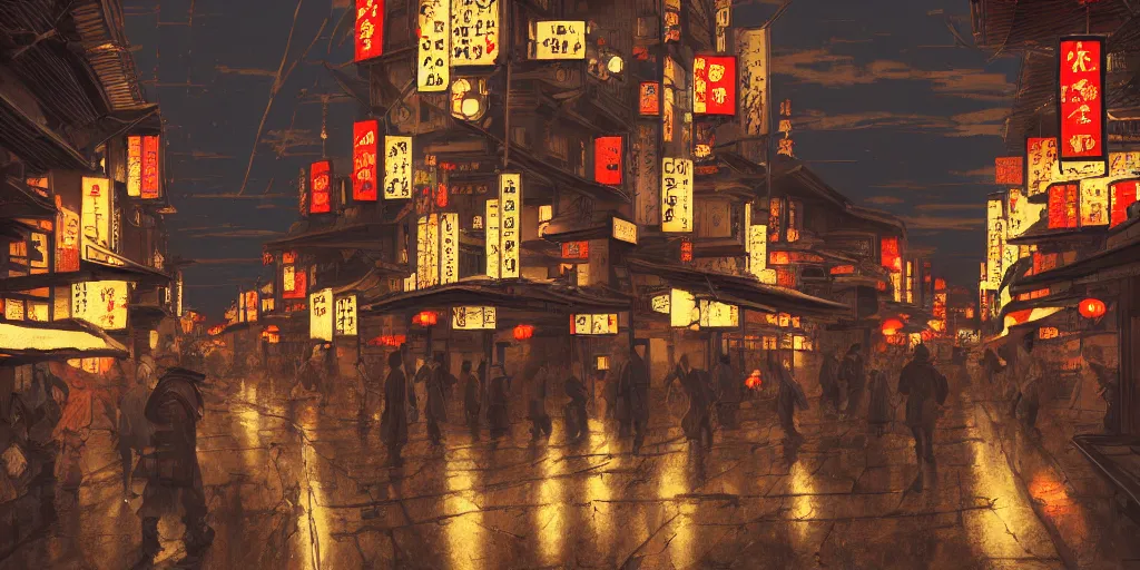 Image similar to feudal japan tokyo street at night, street level, cinematic lighting, 4k, trending on artstation, lots of lights, lots of signs, intricate illustration, digital art, ultra detailed, art by albert bierstadt