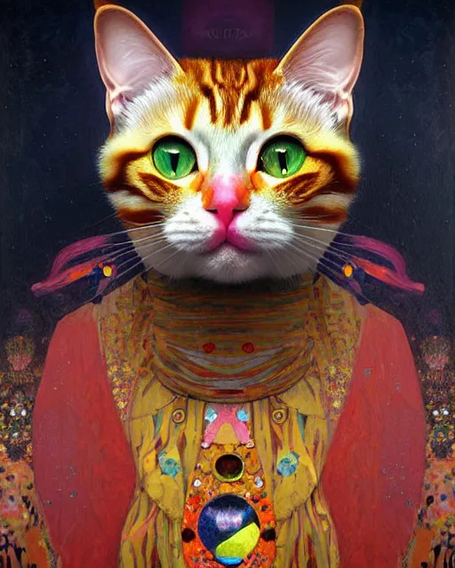 Image similar to clown cat portrait an oil painting splashes with many colors and shapes by gustav klimt greg rutkowski and alphonse mucha, polycount, generative art, psychedelic, fractalism, glitch art