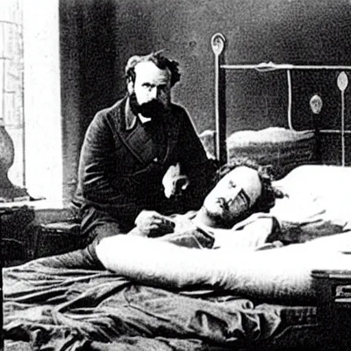 Image similar to Karl Marx and Ayn Rand lying on bed, photo, 1920