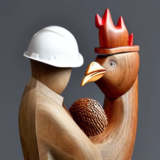 Image similar to wooden sculpture of a man wearing a hard hat holding a rooster, polished maple, thoughtful, elegant, real