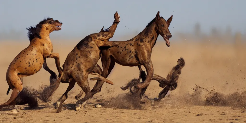 Image similar to national geographic photo of horse full of octopus being eaten by african hunting dogs