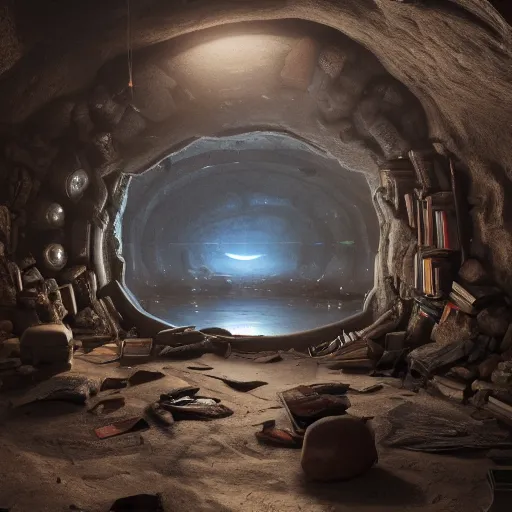 Image similar to book cave, dark, realistic, sci fi, 3 d render, incredible details, highly detailed, photorealistic, disney pixar, smooth, octane render, iridescent, 8 k