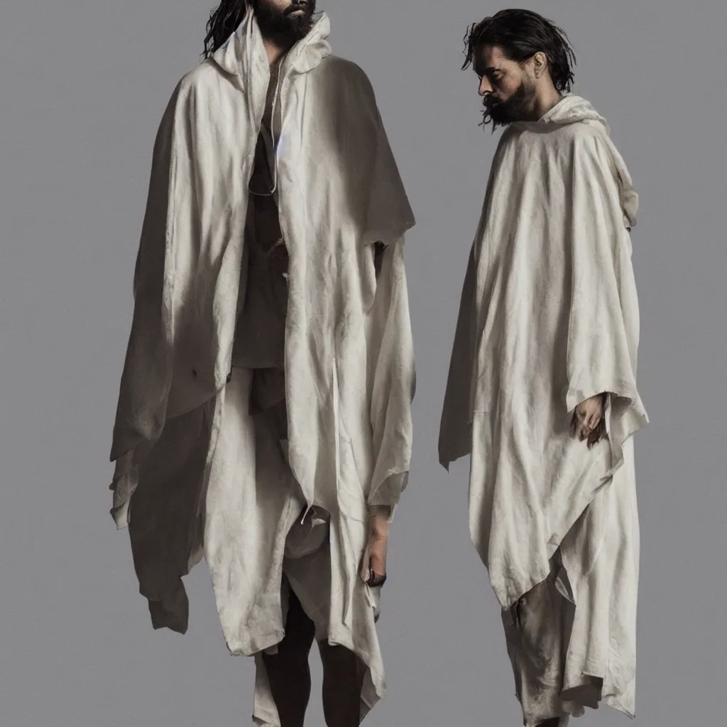 Image similar to a full body lookbook portrait of modern - day jesus wearing cream jerry lorenzo fear of god menswear collection by nicola samori, hat and hoodie, detailed, oil painting, hyper realistic, 8 k, yeezy collection