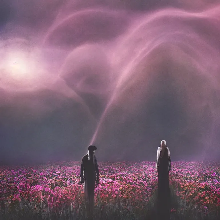 Image similar to a planet of various flowers, fungus and plants, in which the singular human figure is dressed in something magical and impressive, inside the picture is infinity, sunset light, Atmospheric phenomenon, artistic photography, muted colors, conceptual, long exposure outside the city, volumetric light