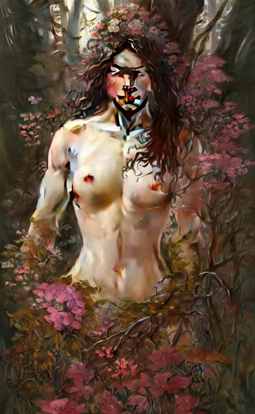 Image similar to god of the forest, 2 0 years old, rugged, female, gorgeous, detailed face, amazing, thighs, flowers, muscular, intricate, highly detailed, digital painting, artstation, concept art, sharp focus, illustration, art by greg rutkowski and alphonse mucha