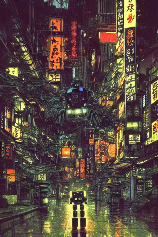 Image similar to vintage autochrome photo of ancient overgrown cyberpunk tokyo with robot by syd mead, night, rain, flowers, beautifully lit, hyperdetailed, unreal engine, photorealistic