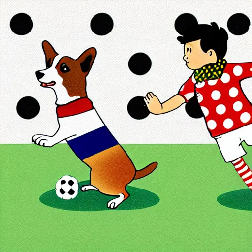 Image similar to illustration of french boy in paris playing football against a corgi, the corgi is wearing a polka dot scarf