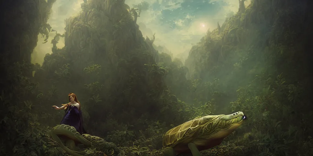 Image similar to Fantasy fairytale story, Great Leviathan Turtle, cephalopod, Cthulhu Squid Terrapin, Mysterious Island, center Universe, hybrid, Reptilian Cyborg, intense celestial fantasy atmospheric lighting, hyper realistic, William-Adolphe Bouguereau, François Boucher, Jessica Rossier, Michael Cheval, michael whelan, Cozy, hot springs hidden Cave, Forest, candlelight, natural light, lush plants and flowers, Spectacular Mountains, bright clouds, luminous stellar sky, outer worlds, Golden dapple lighting, Solar Flare Unreal Engine, HD,