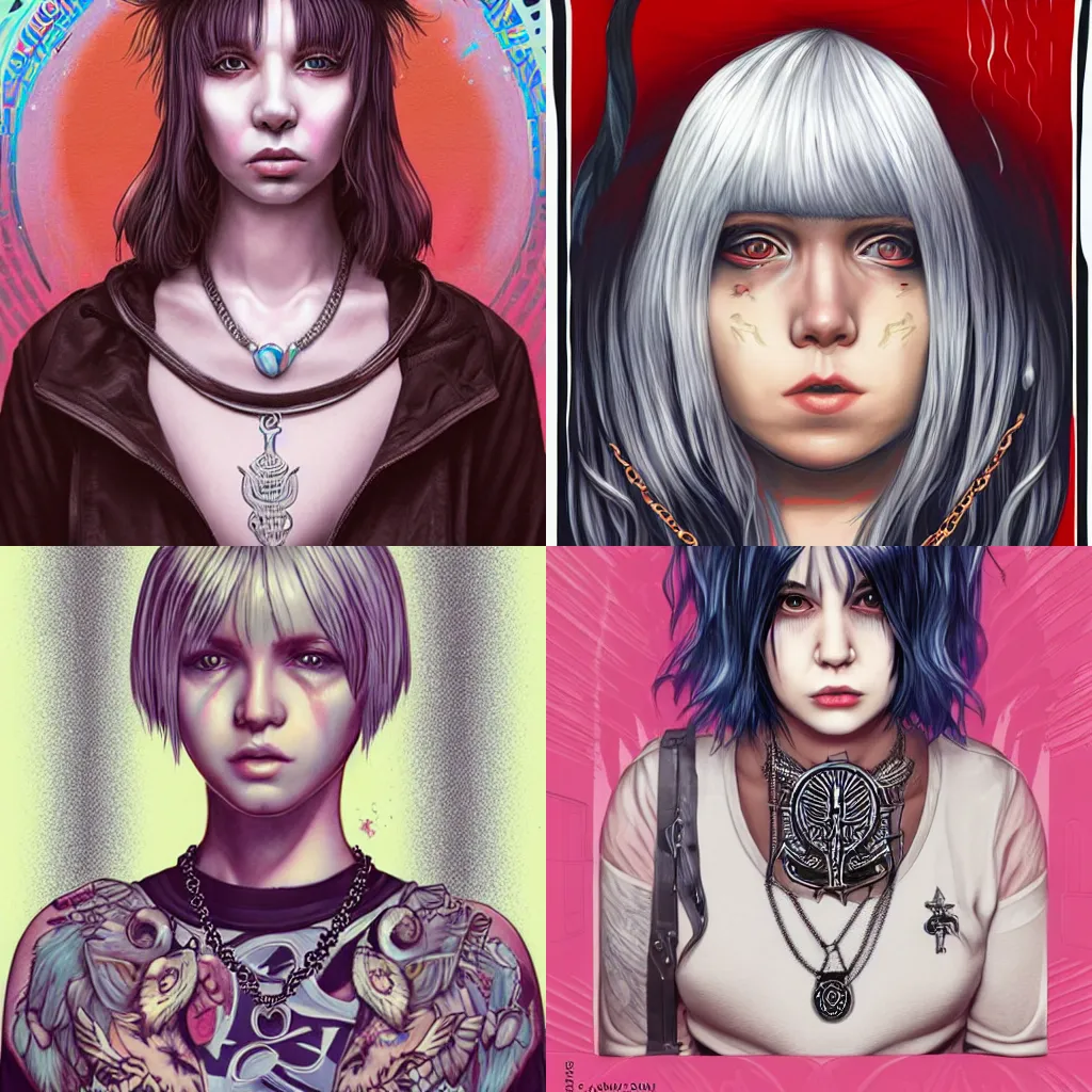 Prompt: sad young woman. with short white bangs, White eyes, punk clothes. Silver Ankh necklace. album cover by Ross Tran. By Casey Weldon. SFW.