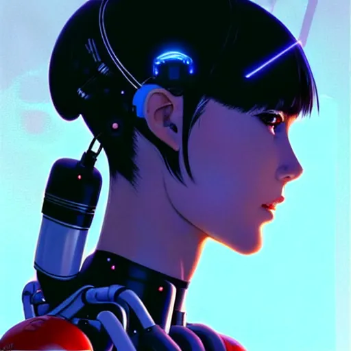 Image similar to side portrait scifi cyborg girl with robotic parts and spacesuit | | head only in center of image, audrey plaza, fine detail!! anime!! realistic shaded lighting!! poster by ilya kuvshinov katsuhiro otomo ghost - in - the - shell, magali villeneuve, artgerm, jeremy lipkin and michael garmash and rob rey