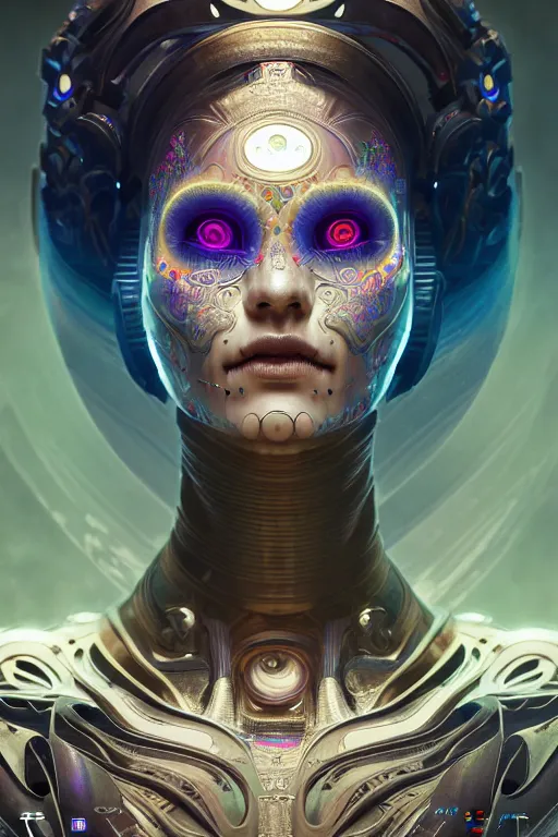 Prompt: portrait of ultra detailed female android deity, scifi, fantasy, octane render, ( ( dia de los muertos ) ), global illumination, intricate concept art, beautiful eyes, triadic color scheme, 8 k, art by artgerm and kuciara and greg rutkowski and alphonse mucha and loish and wlop