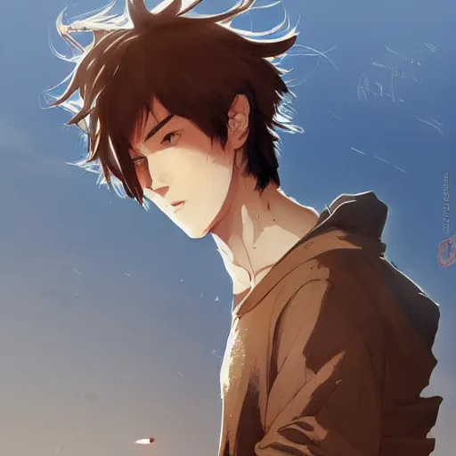 Image similar to portrait of a feminine teenage boy with brown hair and blue eyes, wearing an oversized sweater, dramatic lighting, anime illustration by Greg rutkowski, yoji shinkawa, 4k, digital art, concept art, trending on artstation, アニメ, featured on pixiv