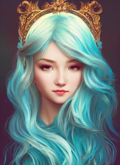 Prompt: beautiful girl with long turqoise hair, cute, ornamental halo, intricate, highly detailed, digital painting, trending on artstation, concept art, smooth, sharp focus, backlit, rim light, vivid colors, illustration, unreal engine 5, 8 k, art by rossdraws and alphonse mucha