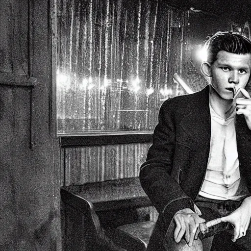 Image similar to tom holland at a 1 9 5 0's bar during a rainy night, cinematic lighting, photorealistic