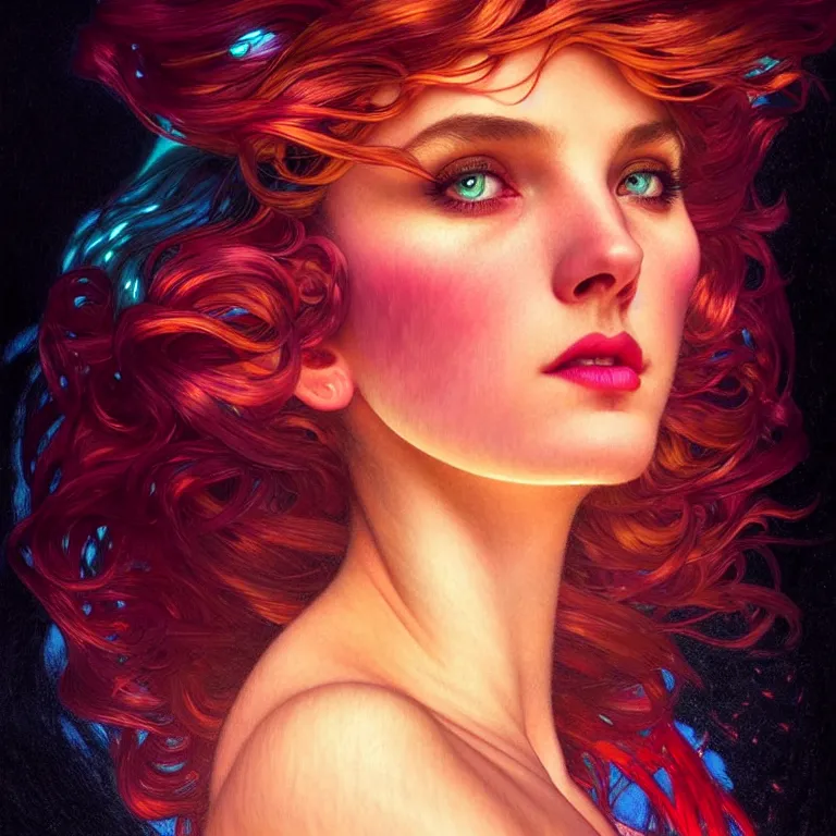 Image similar to bright asthetic portrait LSD glowing backlit, fantasy, intricate, elegant, dramatic lighting, highly detailed, lifelike, photorealistic, digital painting, artstation, beautiful woman, gorgeous face, illustration, concept art, smooth, sharp focus, art by John Collier and Albert Aublet and Krenz Cushart and Artem Demura and Alphonse Mucha