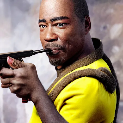 Prompt: a hyper realistic ultra realistic photograph of Commander Geordi La Forge using a gun as a toothpick, highly detailed, 8k photograph