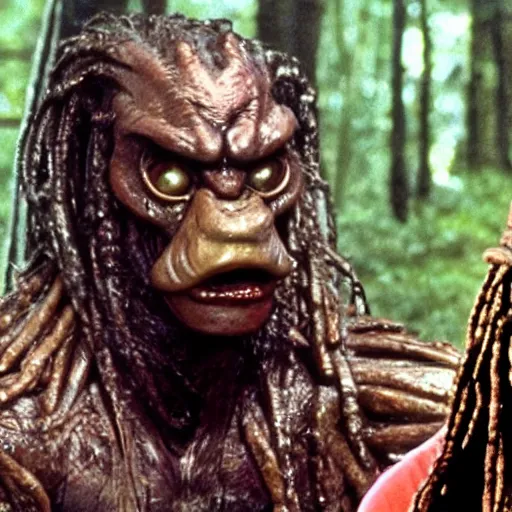 Image similar to tom hanks in the move forest gump replaced by a monster from the movie predator, still movie shot