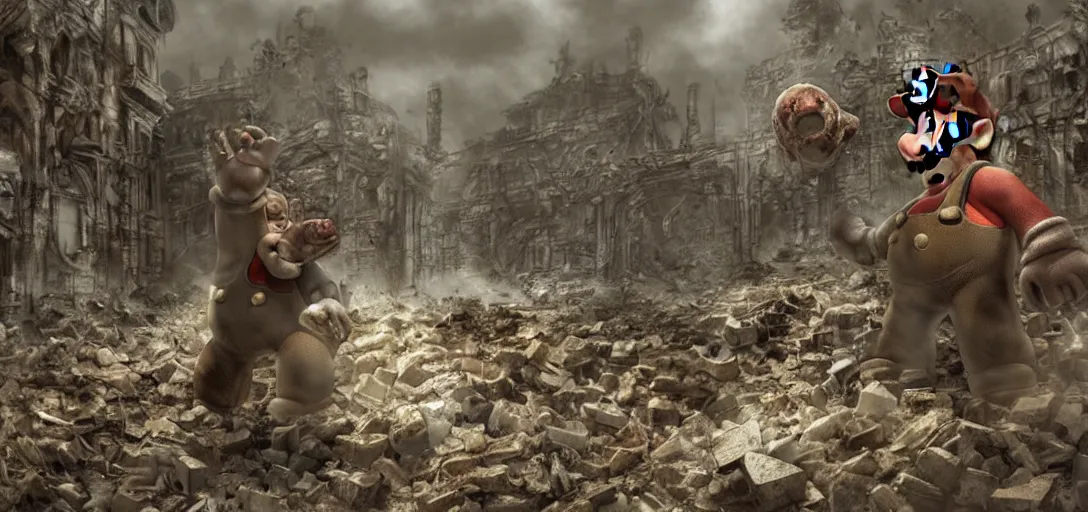 Prompt: super mario hiding behind a brick wall from Giga Bowser in the distance in a destroyed kingdom, Resident Evil virus concept art, highly detailed, horror, scary, terrifying, horrific, hd 4k