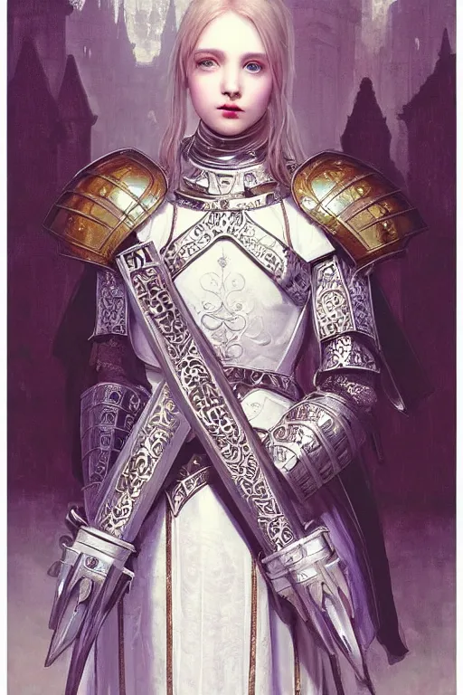 Prompt: beautiful luxury and holy and victorian and divine young female medieval white armor knight portrait like lisa blackpink+shinny eyes+front face with light flowing hair, ultradetail face, ruined gothic cathedral, art and illustration by tian zi and craig mullins and WLOP and alphonse mucha, ssci-fi, fantasy, intricate complexity, human structure, hypermaximalist, fantasy character concept, dynamic lighting, neon light, watermark, blurry, hyperrealism 8k