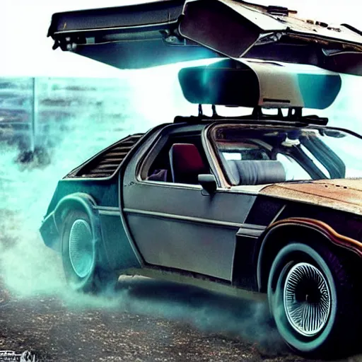 Prompt: the dolorean from the movie back to the future, in the style of the movie mad max