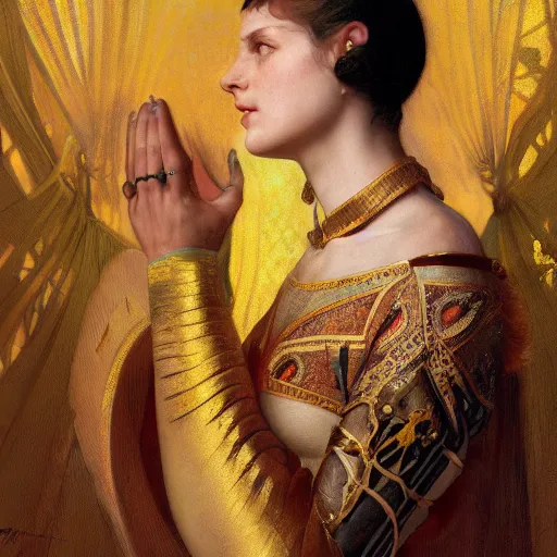 Image similar to humiliated man kneeling before a proud queen, yellow eyes, medieval art, medium shot, intricate, elegant, highly detailed, digital painting, volumetric light, artstation, concept art, smooth, sharp focus, illustration, art by Gil Elvgren and Greg Rutkowski and Alphonse Mucha, 8K