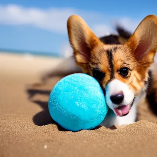 Image similar to 8k highly detailed photograph of the most adorable Corgi Puppies playing with a large beach ball on a sandy beach in California, natural sunlight,