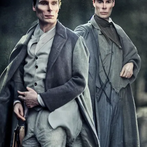 Prompt: Cillian Murphy as Fitz from the Fitz and the Fool books, with Night Eyes the wolf:: hyper realistic, cinematic lighting, photo realism