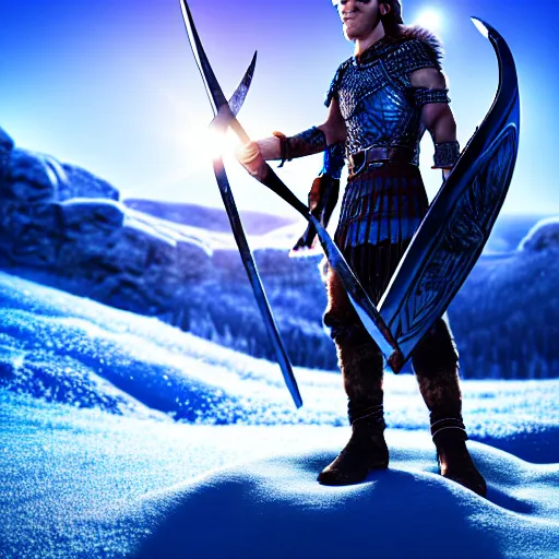 Prompt: photography of a digital art, stunning glare and bloom crystal clear ice statue of tom holland as a viking warrior god. stuning, intricate, complexe. snowy mountains dream landscape. professional digital art, unreal engine 5