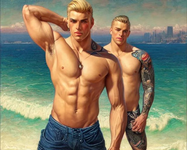 Image similar to handsome tattooed blonde gym bro by the water, synthwave painting by artgerm, gaston bussiere, craig mullins, j. c. leyendecker, tom of finland