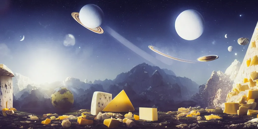 Image similar to cheese planet with cheese moon, visible planets in the sky, hanging cheese, cheese houses, blue cheese waterfalls, living cheese flying though the sky, Greg Rutkowski, 3d scene, trending on Artstation, 8K, ultra wide angle, pincushion lens effect.