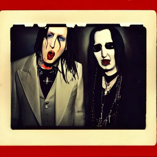 Image similar to A photorealistic polaroid image of Johnny Depp and Marilyn Manson performing together in a band. Trending on Artstation, featured on Behance, well-rendered, intricate, highly detailed, very crispy, Unreal Engine, 4K HD