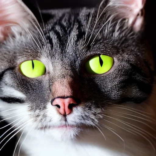 Prompt: an extreme close-up of a smiling cat, very detailed, sharp 8k, award-winning photo