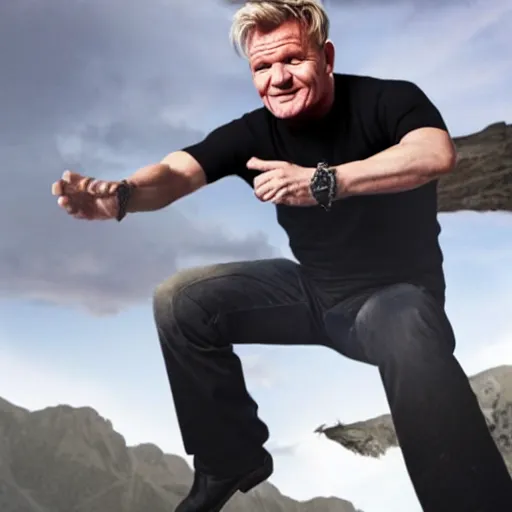 Image similar to gordon ramsay jumping off a cliff