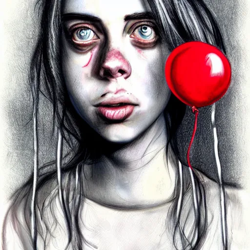 Prompt: surrealism grunge cartoon portrait sketch of billie eilish with a wide smile and a red balloon by - michael karcz, loony toons style, where the wild things are style, horror theme, detailed, elegant, intricate