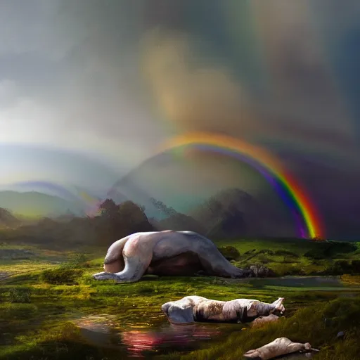 Prompt: a magnificent landscape, futuristic animals, cybernetics, rainbow color scheme, trending on artstation, hyperrealism