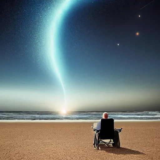 Image similar to man on beach siting in a chair watching the sky as a comet is heading towards earth