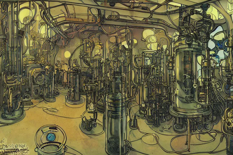 Prompt: steampunk lab room filled with big vapor tubes and alchemy equipment, mad scientist working, giant screens, sci - fi vending machine, retrofuturism, concept art by mucha, clean line, diesel punk