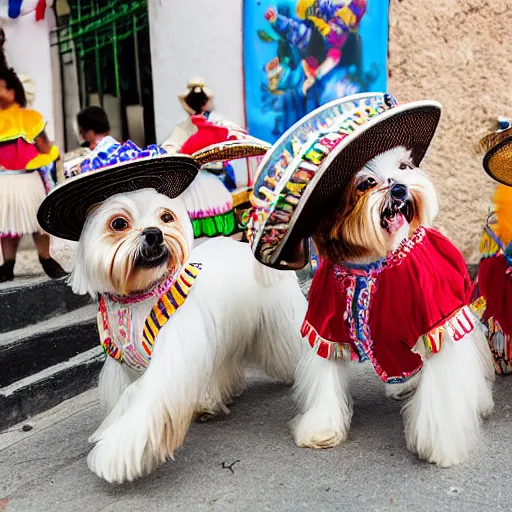Prompt: a cream-colored Havanese shih tzu dogs dressed as mariachi musicians playing in a mariachi dog band, at fiesta in Mexico, Leica 35mm, 4K