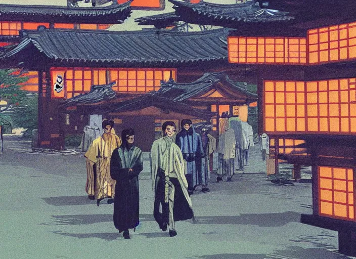 Prompt: vincent di fate's 1 9 8 0 depiction of a kyoto village near a japanese mansion. cyberpunk style.